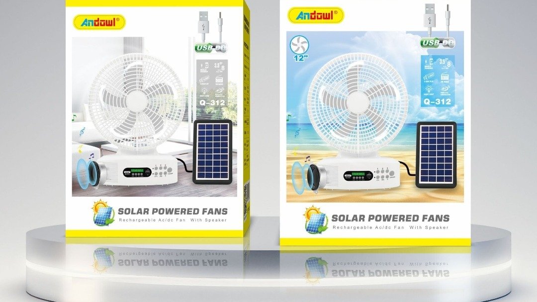 Solar powered and recharchable fan radio and light all in one